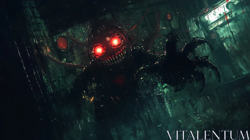 Crimson-eyed shadow monster stalking a ruined corridor.