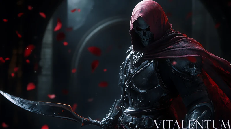 Hooded skeletal warrior in dark hall with red petals falling.