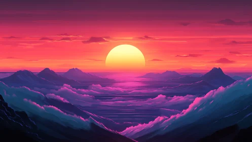 Dreamy neon sunset drifting over tranquil violet peaks.