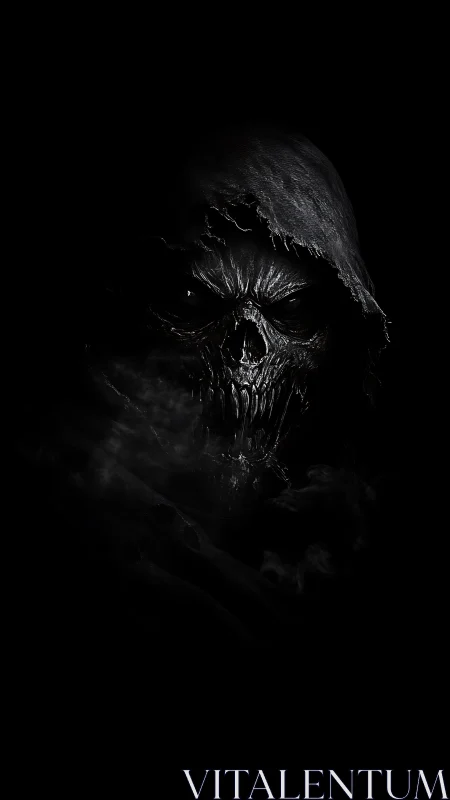 Sinister hooded skull emerges quietly from the deep shadows