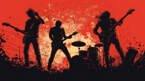 High-contrast rock band silhouettes amid splattered red field.