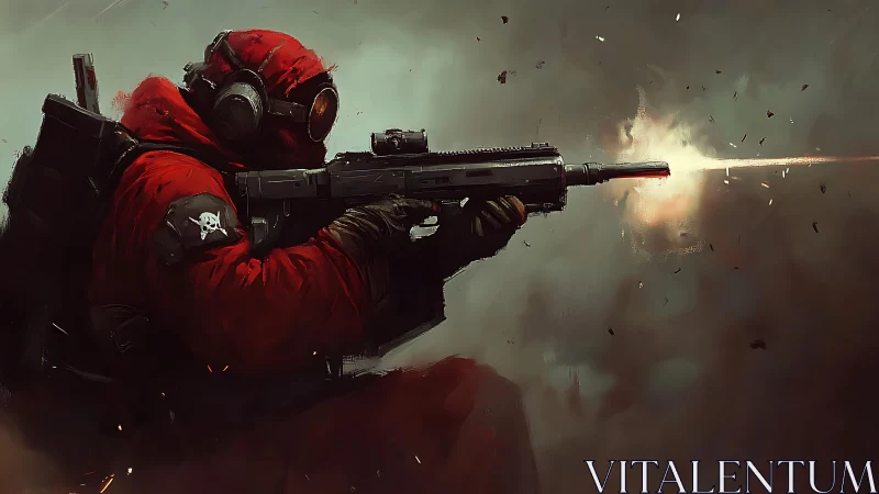 Armed operative in tactical red suit fires rifle with muzzle flash