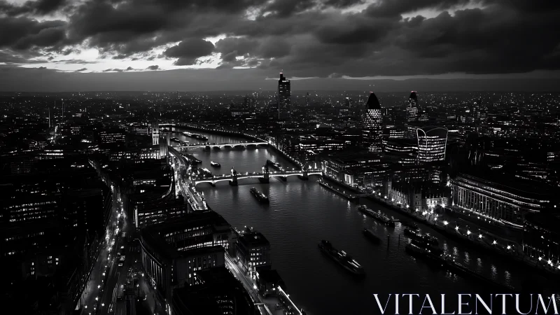 Glistening riverside city lights glowing under brooding skies.
