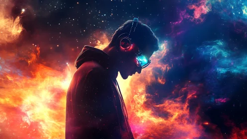 Stargazing headphones and cosmic light around a quiet dreamer.