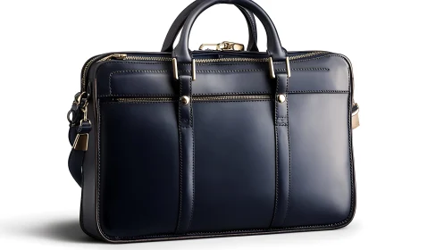 Navy leather briefcase with gold hardware on white backdrop.