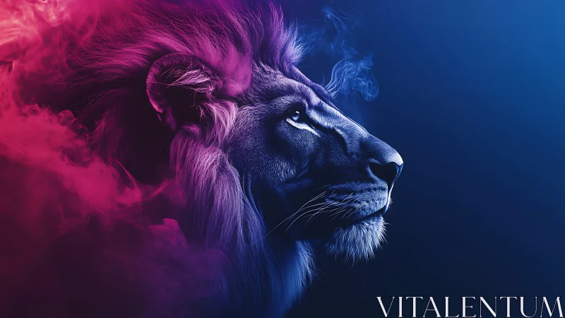 Bi-color neon lion profile in volumetric smoke lighting field.