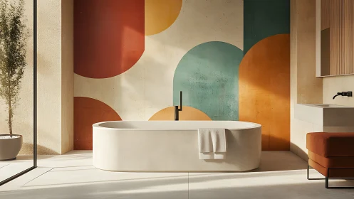 Modern freestanding bathtub in colorful geometric bathroom.