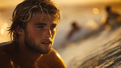 Surfer in warm sunset light with ocean reflections.