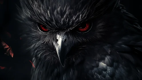 Predatory owl close-up with glowing red eyes in darkness.