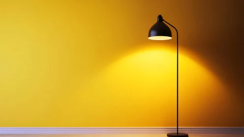 Minimalist black floor lamp casts focused light on yellow wall