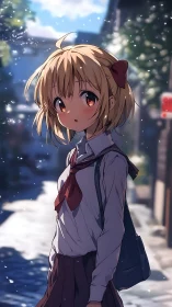 Schoolgirl on sunlit residential street in soft anime style.