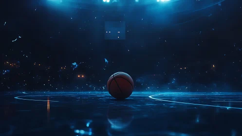 Low-angle arena shot isolates basketball under blue stadium lights