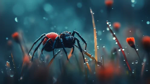 Midnight dew wanderer, scarlet-backed spider in bloomlight.