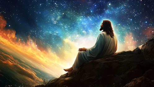 Gentle figure resting beneath a glowing river of stars.