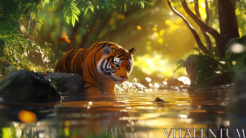 Radiant Bengal tiger wading through sunlit forest stream.