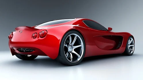 Red sports coupe render shows sculpted rear and chrome wheels