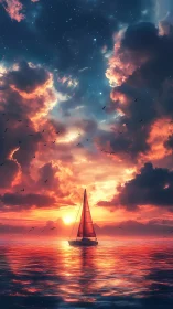Sailboat moves across reflective sea under vivid sunset sky