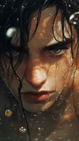 Wet close-up portrait of person with dark hair and freckles.