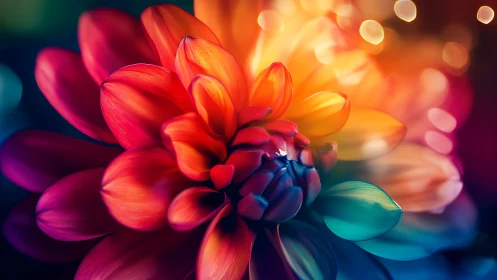 Radiant rainbow dahlia glowing with soft dreamy light.