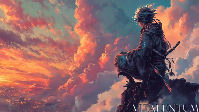 Skyline ronin broods above ember-lit city of clouds.