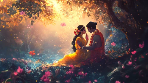 Couple in Garden Setting with Atmospheric Lighting Effects.
