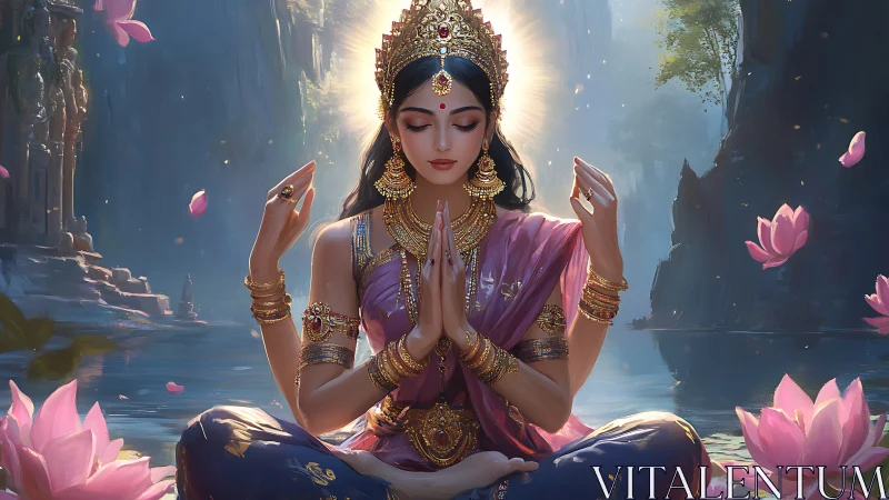 Lotus crowned yogini breathing dawnlight between worlds.