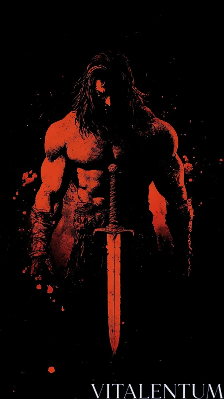 Bloodlit warrior silhouette broods over a hanging sword.