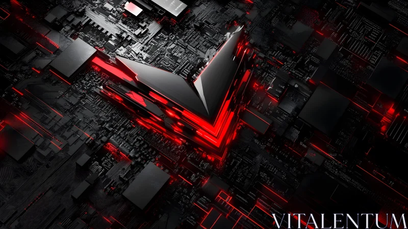 Futuristic 3D Arrow on Circuit Board with Red Neon Glow.