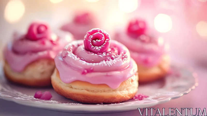 Pink frosted rose doughnuts glow softly in dreamy light