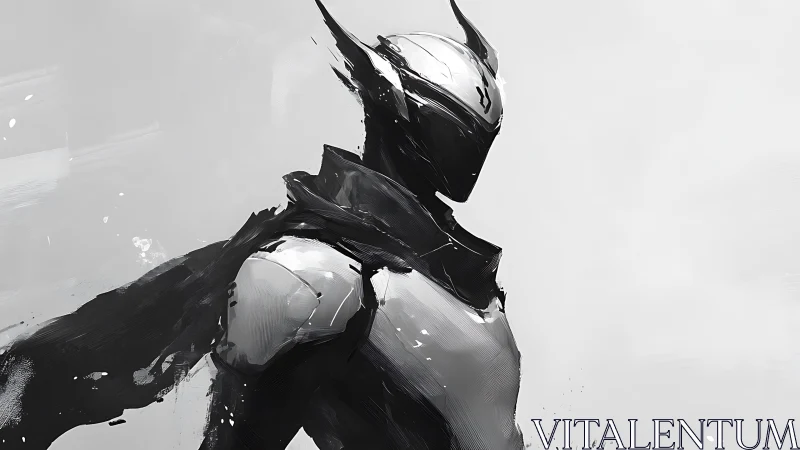 Monochrome armored sentinel rendered with dynamic brushstroke motion