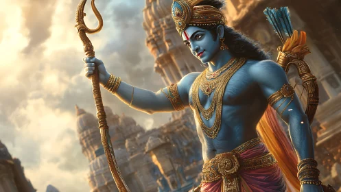 Blue-skinned armed figure stands before carved stone temples