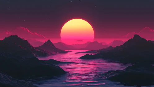 Neon horizon sun melting over synthwave crystal waters.