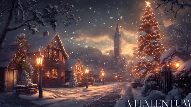 Snowy village street glows under a towering Christmas tree.