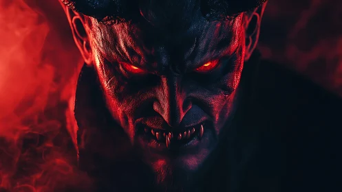Demonic horned figure with glowing eyes in red smoke.