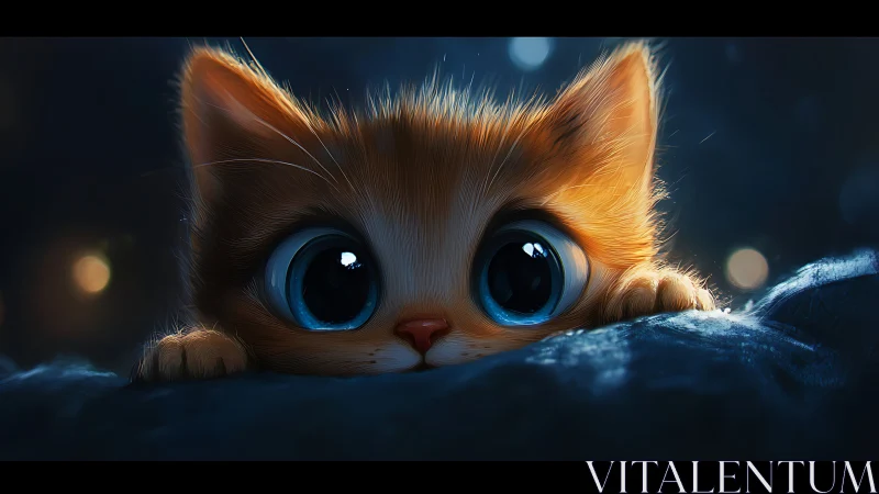 Big eyed kitten glowing in soft cinematic night light.