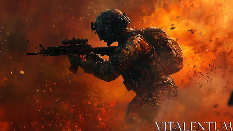 Battle-hardened soldier advances through raging firestorm