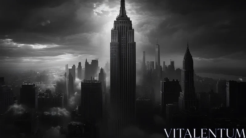 Midnight skyscraper orchestra rises through stormlit clouds