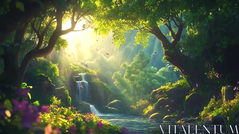 Luminescent Forest Landscape with Waterfall and Floral Foreground