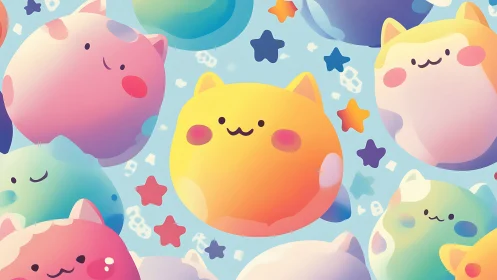 Colorful Plush Cat Characters Float Against Gradient Background