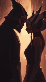 Dramatic Confrontation: Silhouetted Figures Against Luminous Golden Glow.