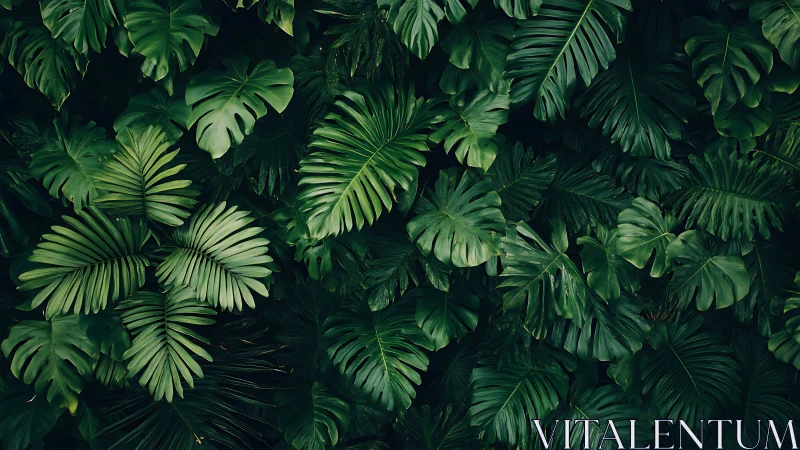 Emerald jungle canopy of layered monstera and palm leaves.