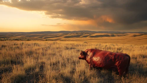 Red bull sculpture glows against dramatic prairie sunset sky