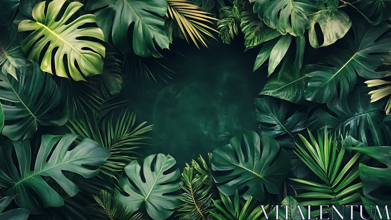 Lush tropical leaves gently framing a calm green sanctuary.