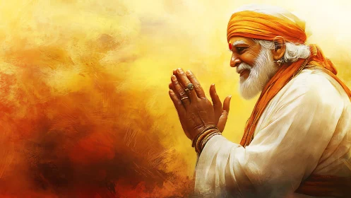 Warm-toned digital portrait of elderly guru in prayer profile