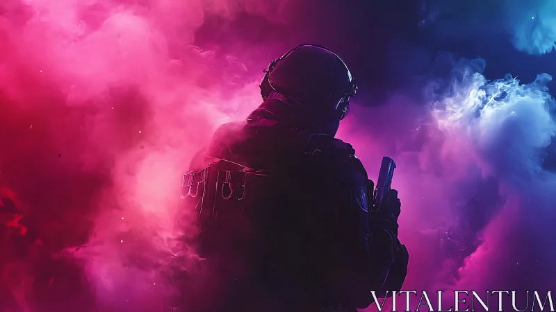 Lone futuristic soldier walking through glowing neon smoke.
