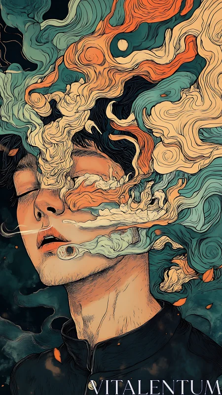Surreal portrait with swirling chromatic smoke linework anatomy.