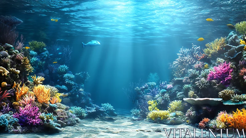 Sunlit coral reef ecosystem rendered in vivid digital detail