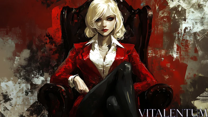 Blonde woman in red jacket seated in dark armchair.