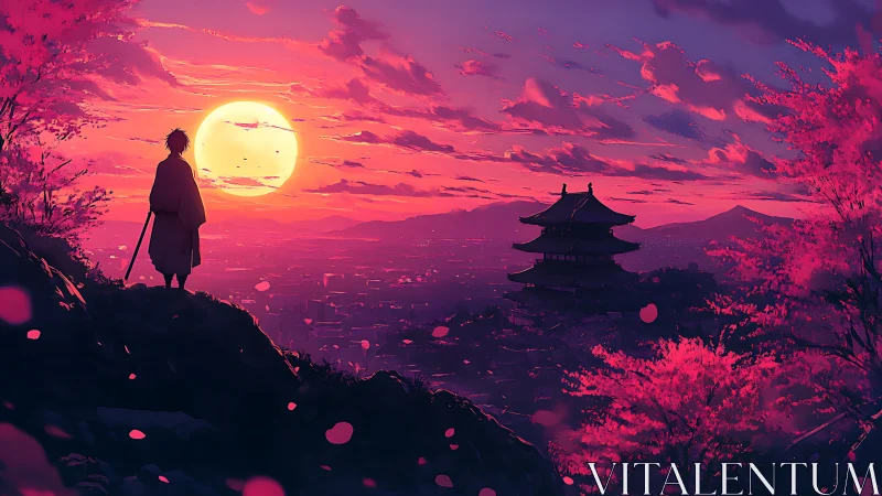 Warm sunset quiets a lone wanderer above a pink cityscape.