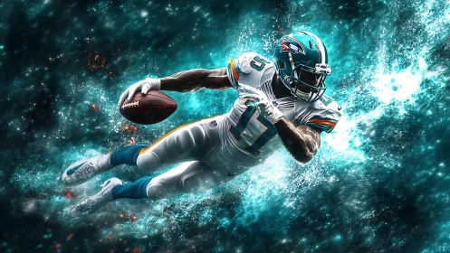 Starlit gridiron comet streaking through teal cosmic spray.